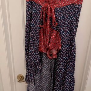 Blue and red long maxi skirt with built in shorts. Size large. Front tie